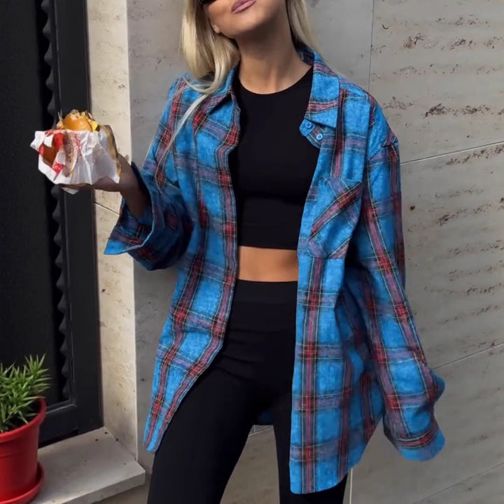 Dam rutig oversized flannel shirt jacka med applied breast pocket