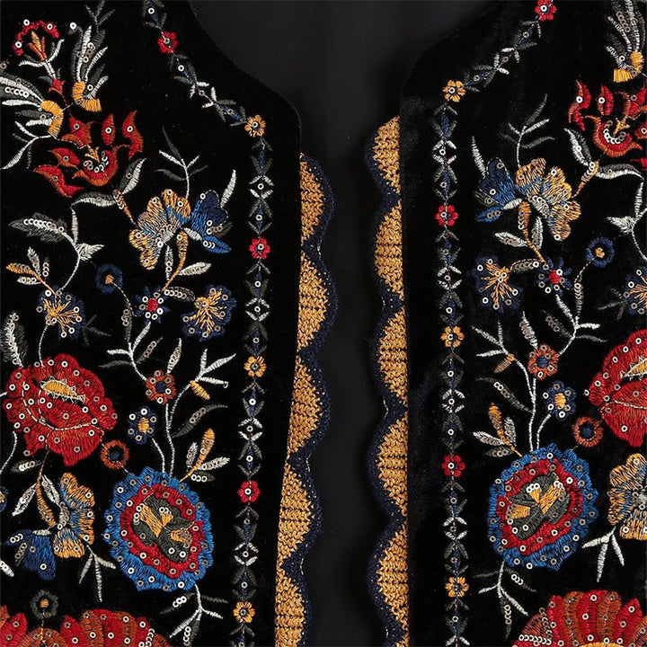 Dam Embroidered Velvet Väst med Folk Bead Embroidery och Curved Nederkant