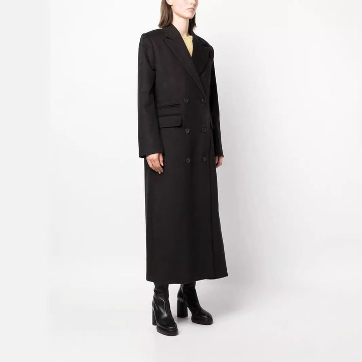 Dam Maxi lång Double-Breasted ullblandning kappa med Structured Shoulders och Flap fickor