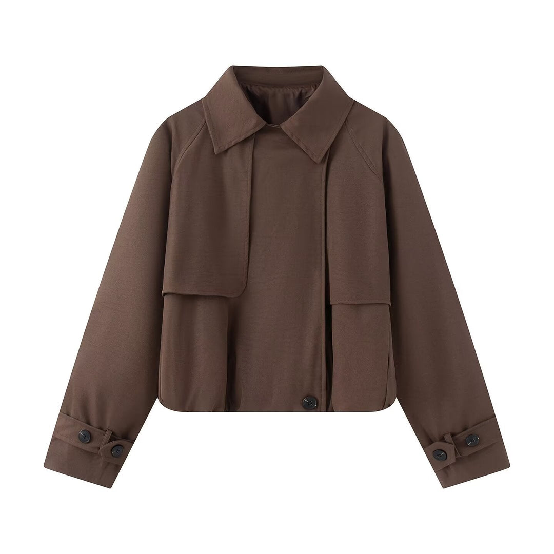 Dam Kort Trench-Stil Blouson med Dold Knapp Knäppning och Drawstring Nederkant