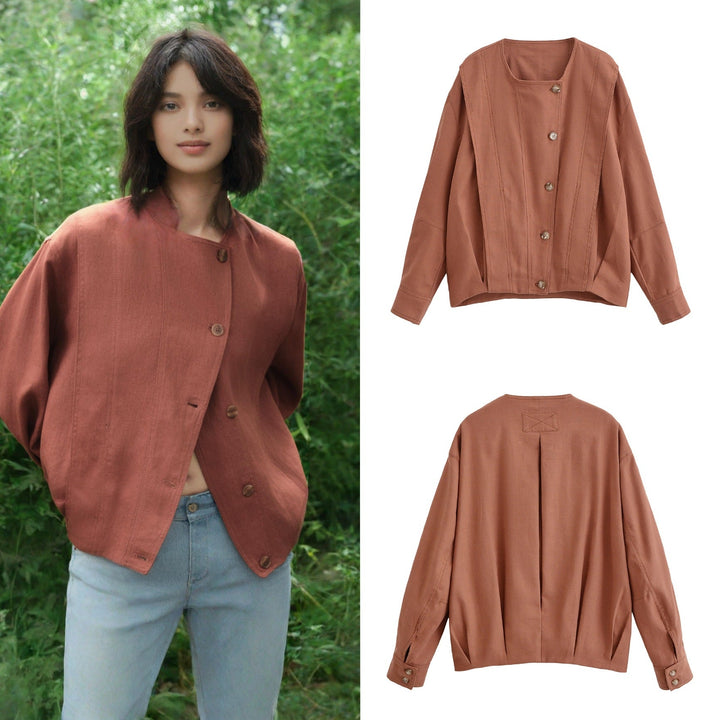 Dam Boxig Övergångsjacka med Round Neck, Decorative Stitching och Visible Knapplist