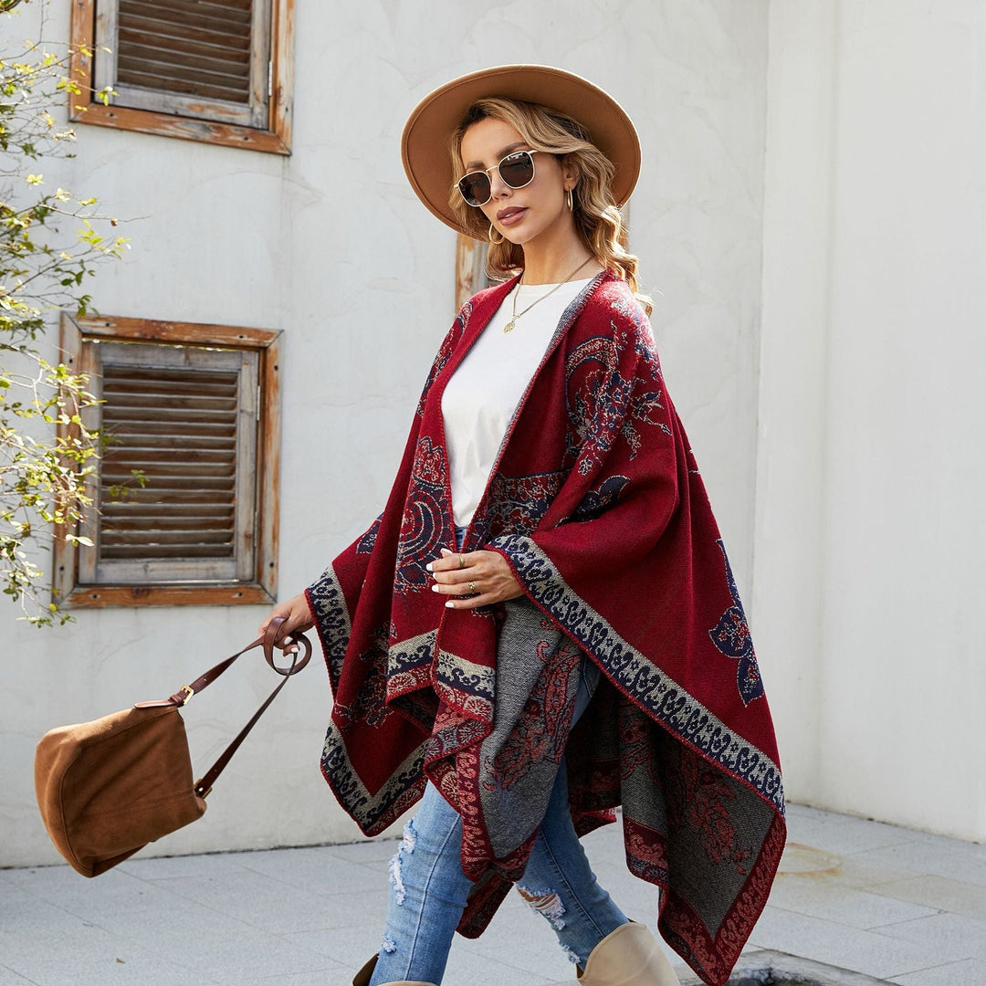 Dam elegant Jacquard poncho med Paisley mönster och öppen front