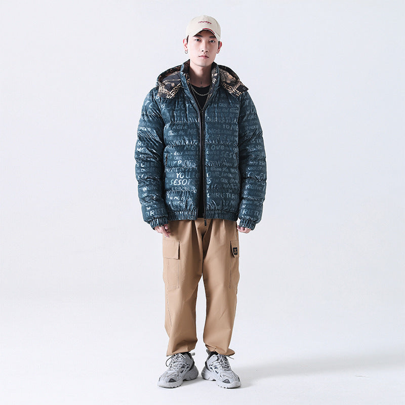 Herr Reflective Quiltad Down-Look Jacka med Huva och Heltäckande Tryck