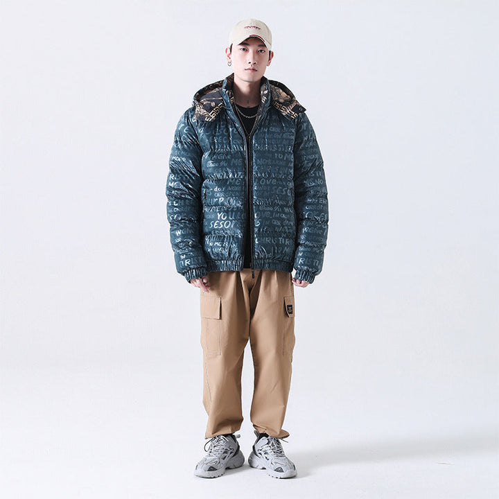 Herr Reflective Quiltad Down-Look Jacka med Huva och Heltäckande Tryck