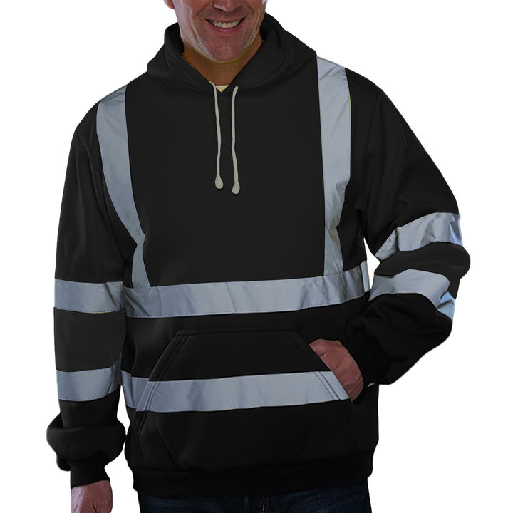 Herr Reflective Safety Luvtröja med Contrasting Reflective Bands, Känguruficka och Adjustable Huva