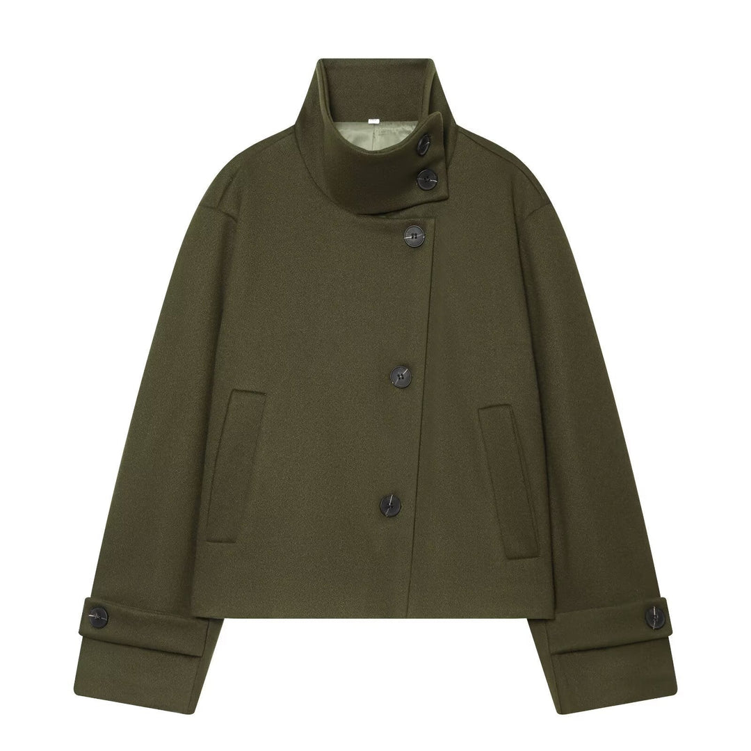Dam Kort Ull Blouson Kappa med Hög Stå Krage och Knapp Knäppning