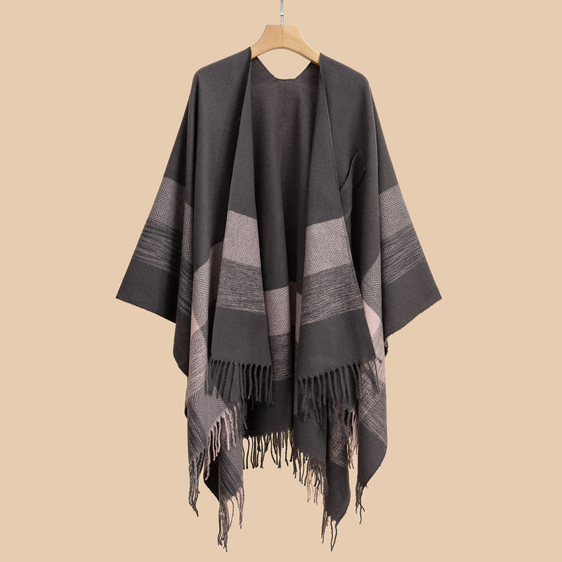 Dam lätt ullblandning kimono skärning Overlay med Herringbone kant och fransfåll