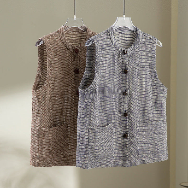 Dam ärmlös Textured Knit väst med Round Neckline, knappslå och utanpåfickor