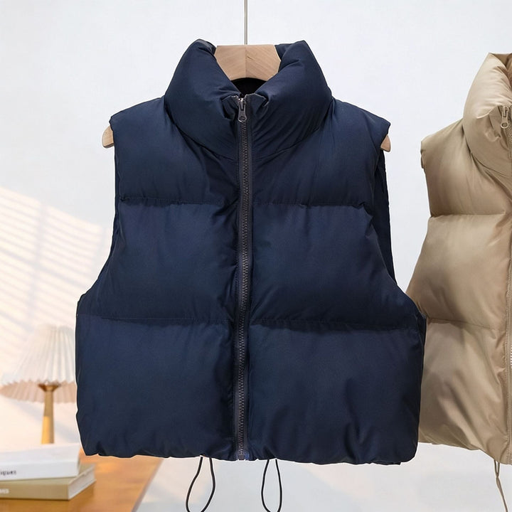 Dam kort skärning quiltad Down väst med ståkrage och Drawstring