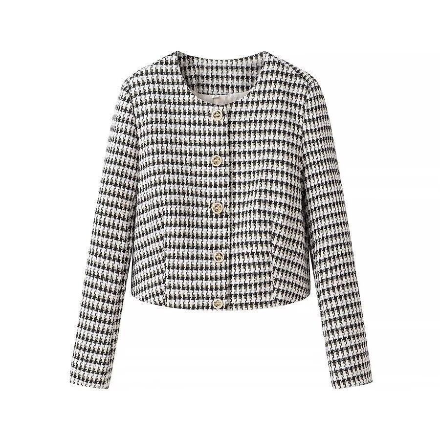 Dam skräddad Boucle kort blazer med Houndstooth mönster och dekorativ knappar
