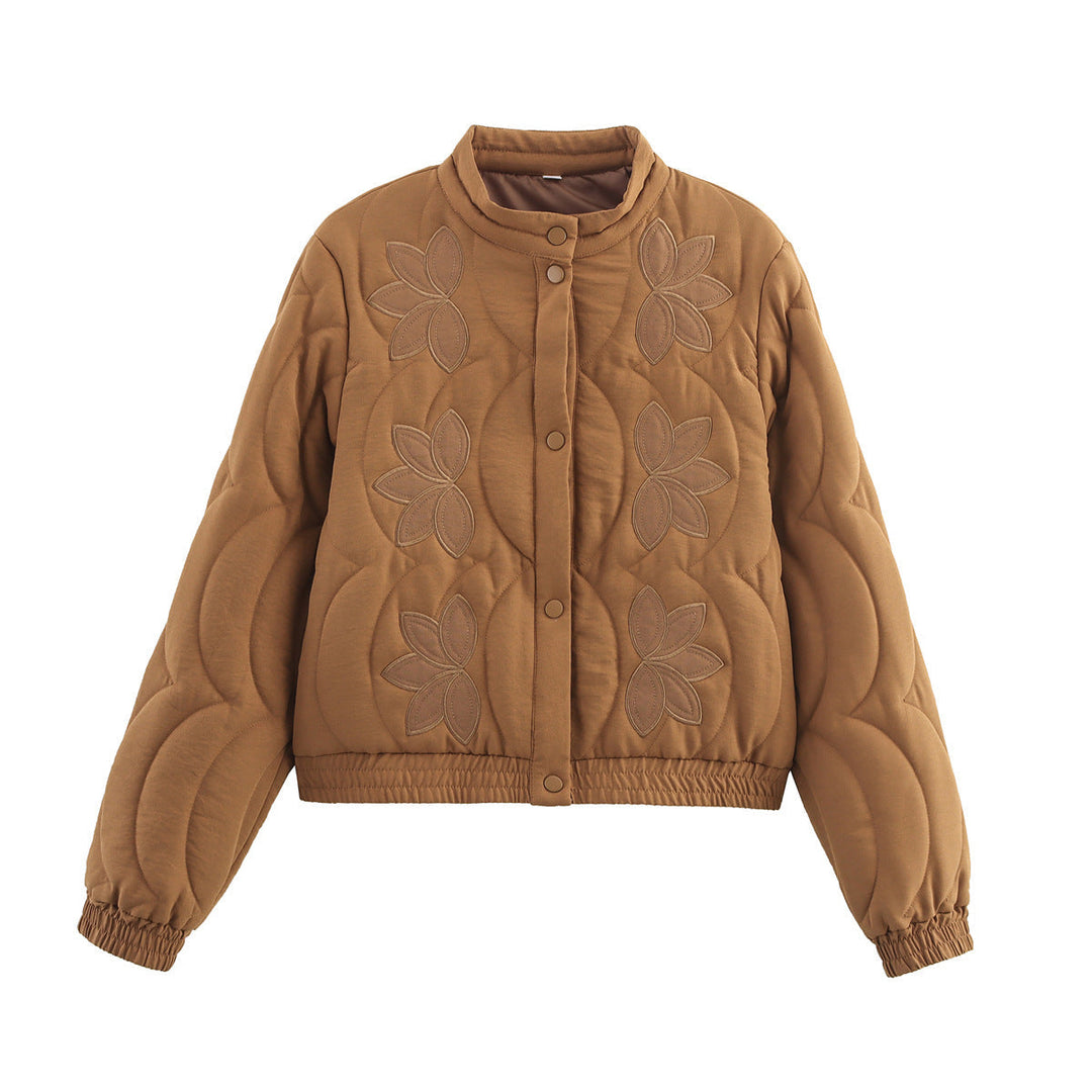 Dam kort kviltad Blouson med blommig kviltad Application, ståkrage och Elastic Waistband