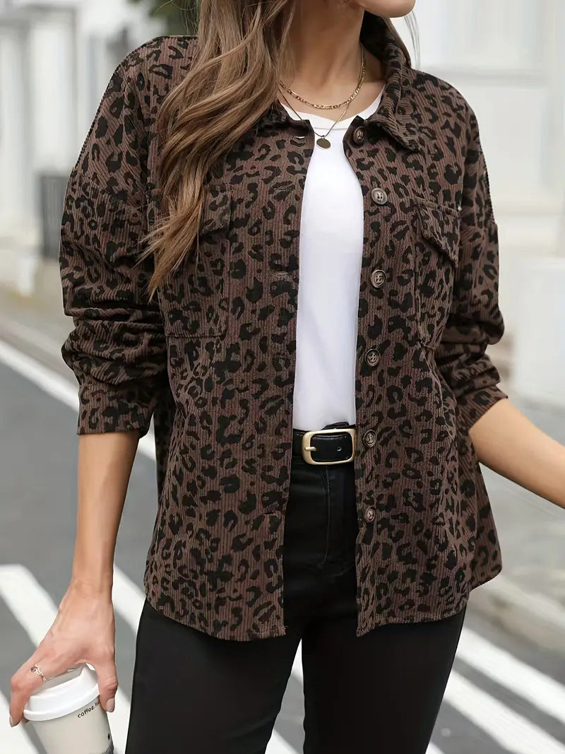 Dam oversize skjortjacka in Cord look med Leopard tryck