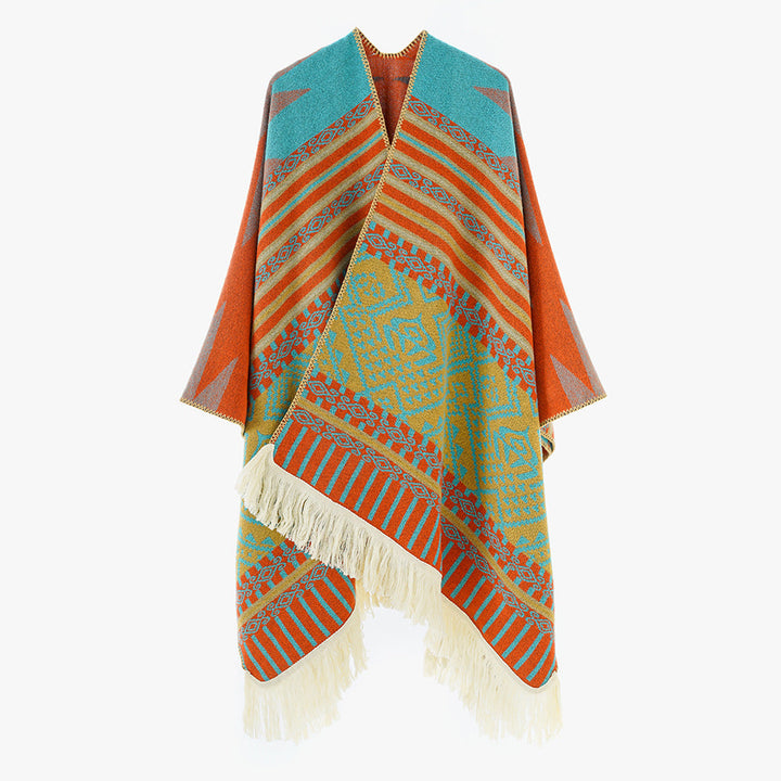 Dam Woven Jacquard poncho med V-Neck, Ethno tryck och Fringes
