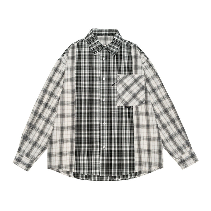 Unisex Oversized Skjorta Jacka med Patchwork Rutigt Mönster och Rounded Fåll