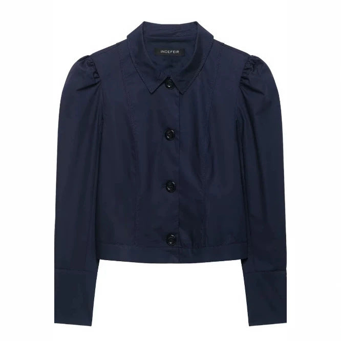 Dam Kort Blouson Jacka med Puff Ärmar, Skjort Krage och Extended Muddar