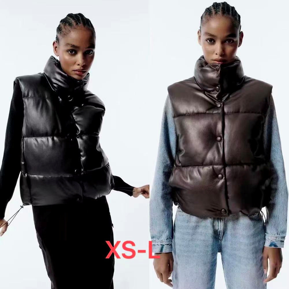 Dam vadderad konstläder väst med high ståkrage, snap knäppning och waist drawstring