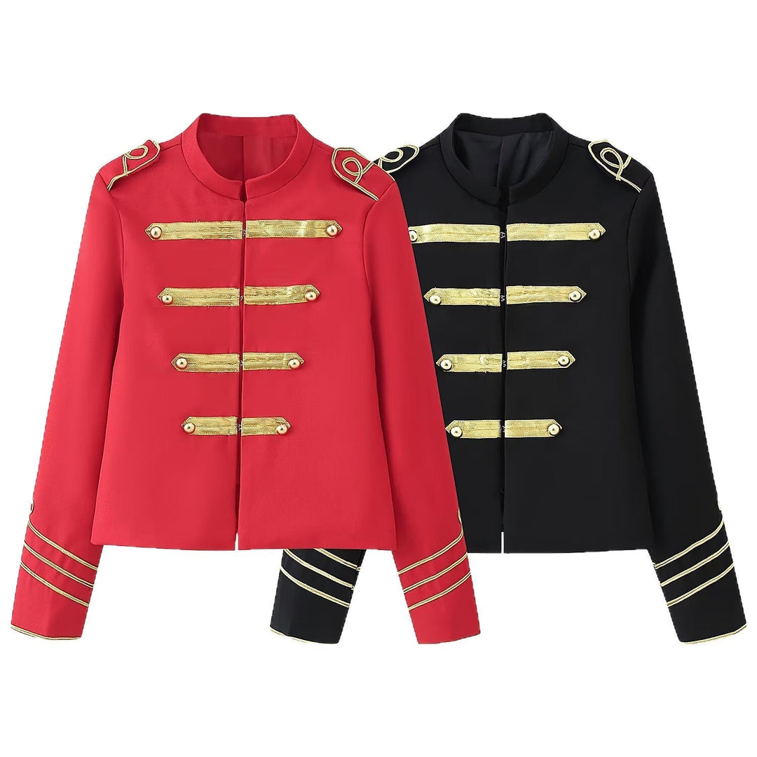 Dam Kort Military-Stil Blazer med Guld Kant Application