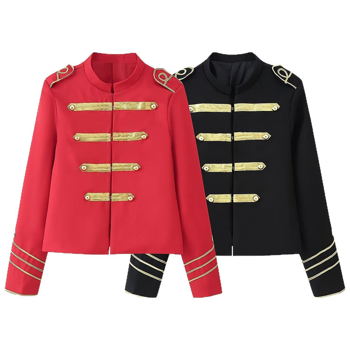 Dam Kort Military-Stil Blazer med Guld Kant Application