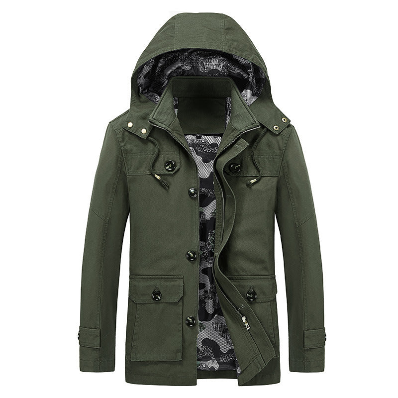 Herr Canvas med Huva Parka med Kamouflage Foder, Utility Fickor, och Hidden Dragkedja Slå