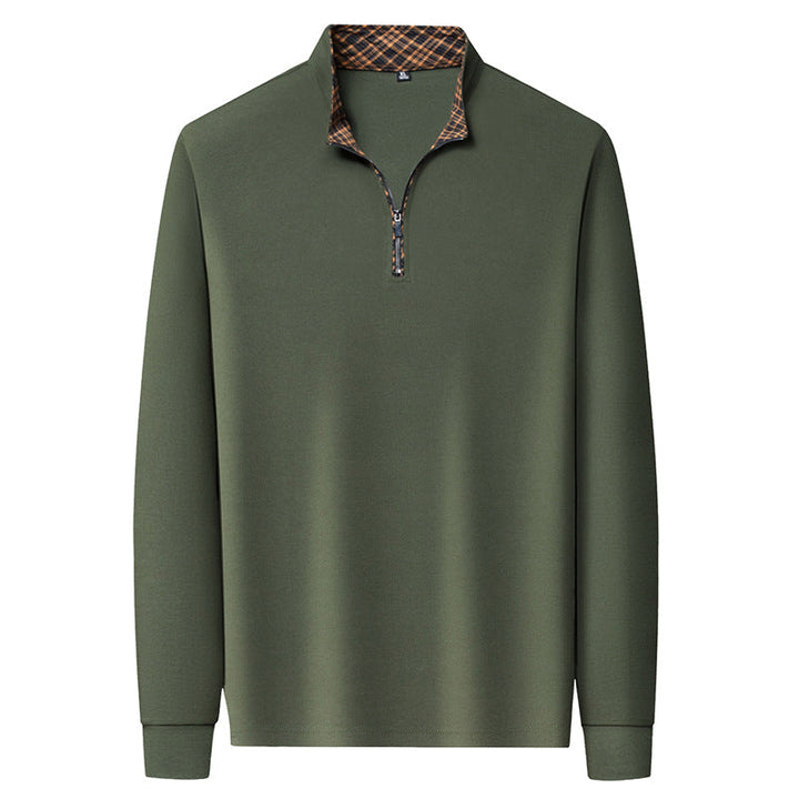 Herr Lång Ärm Halv Dragkedja Pullover med Turtleneck och Rutig Inner Krage