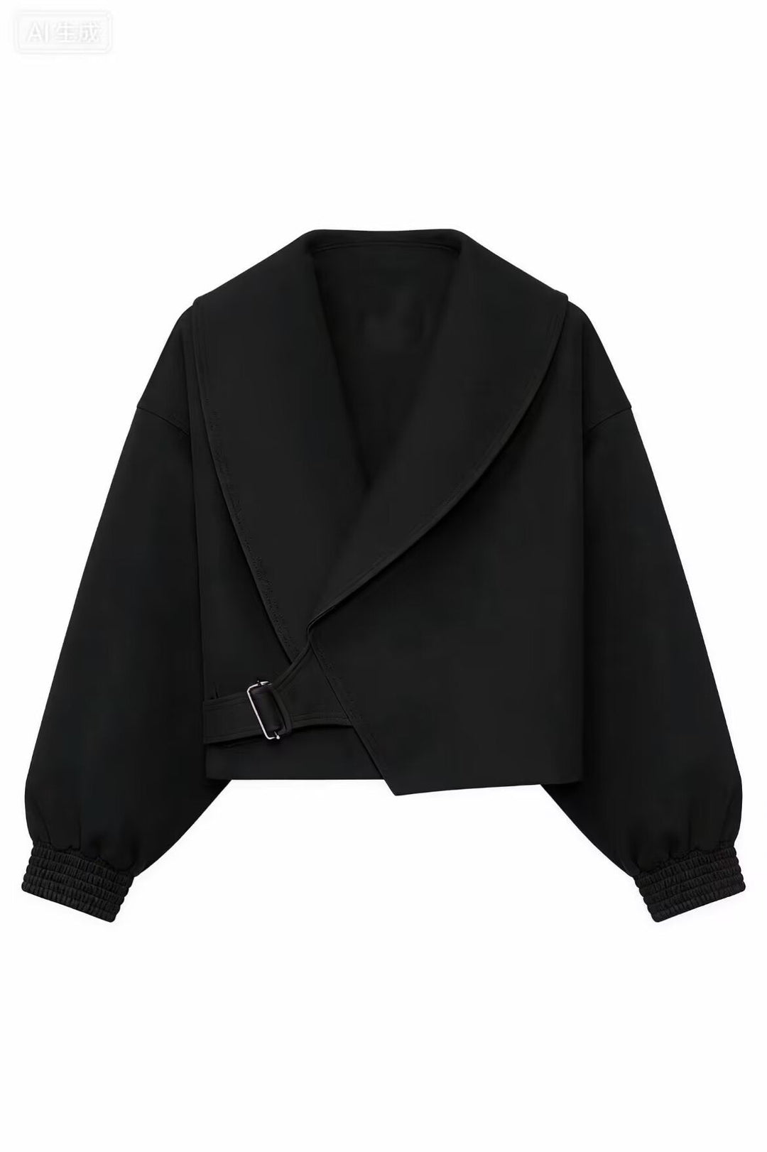 Dam Kort Oversize Jacka med Wide Shawl Krage, Balloon Ärmar, och Waist Strap