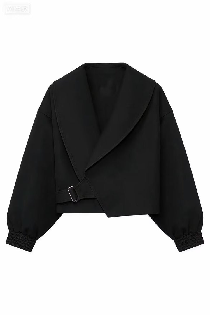 Dam Kort Oversize Jacka med Wide Shawl Krage, Balloon Ärmar, och Waist Strap