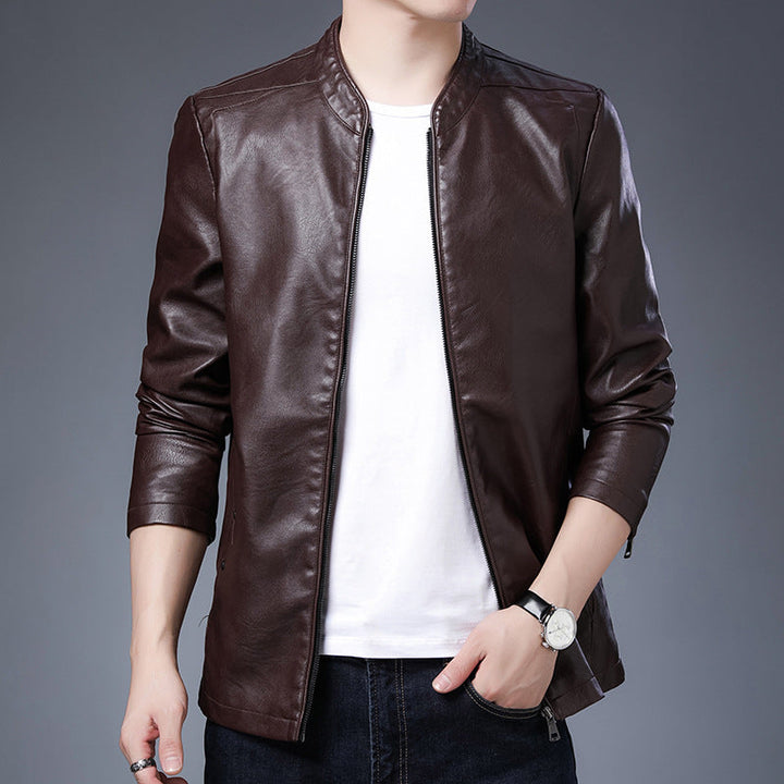 Herr Smal Leather-Look Blouson i Aviator Minimal Stil med Stående Krage och Zippered Ärmar