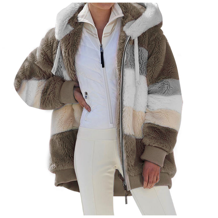 Dam oversized vadderad faux pälsjacka med huva, block stripes och ribbstickade muddar