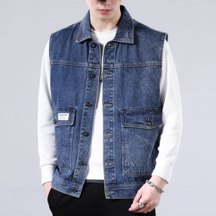 Herr Sleeveless Jeans Work Väst med Lock Fickor och Boxy Passform