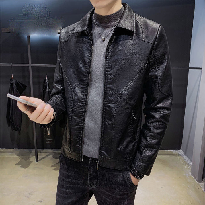 Herr Minimalistic Läder Effect Zip Blouson med Ergonomic Söm Lines och Skjorta Krage
