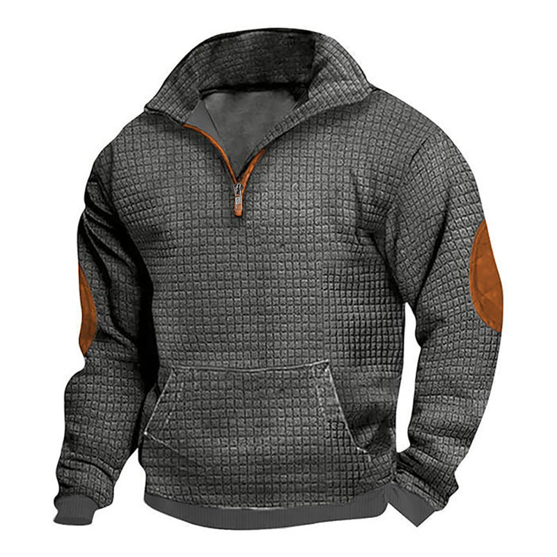 Herr Thermo-Regulating Waffle Stickad Halv Dragkedja Pullover med Känguruficka och Konstläder Elbow Lappar