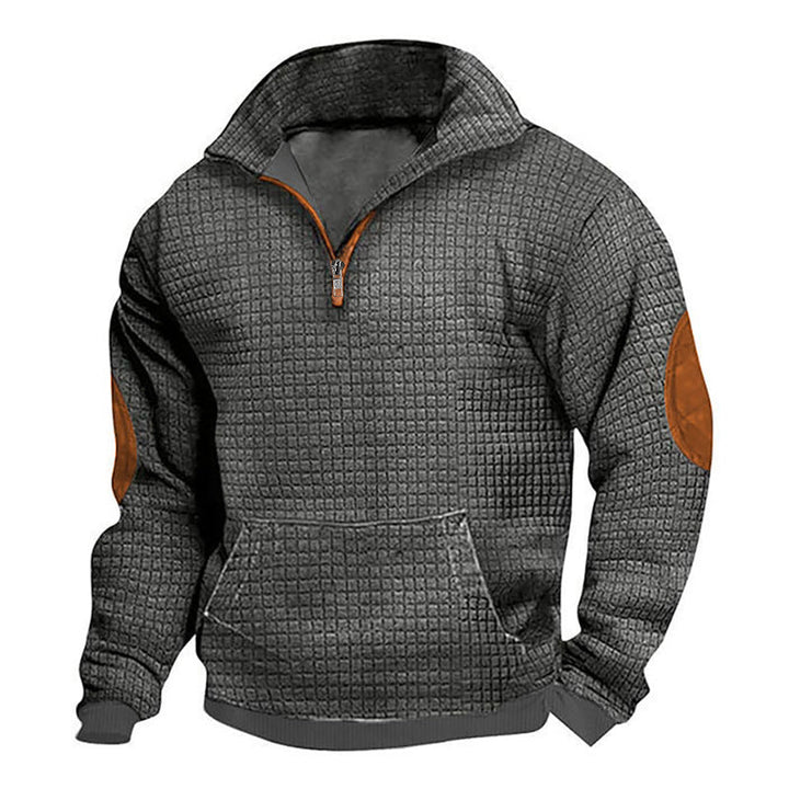 Herr Thermo-Regulating Waffle Stickad Halv Dragkedja Pullover med Känguruficka och Konstläder Elbow Lappar