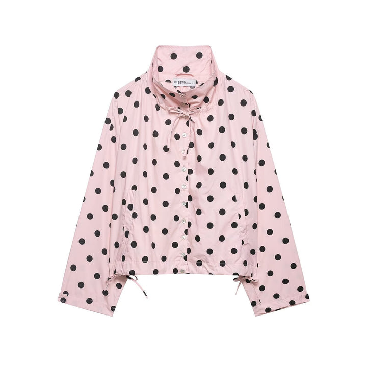 Dam kort jacka in rain parka stil med ståkrage, dragsko och polka dot tryck