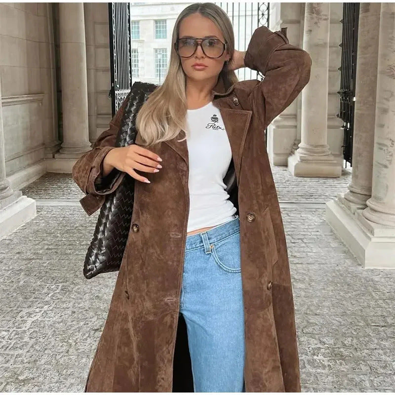 Dam 100+ Lång Suede Trenchcoat med Waist Belt och Double-Breasted