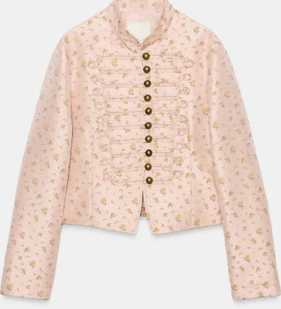 Dam Kort Military Blouson med Mandarin Krage, Dekorativ Cords och Blommig Vävd Texture