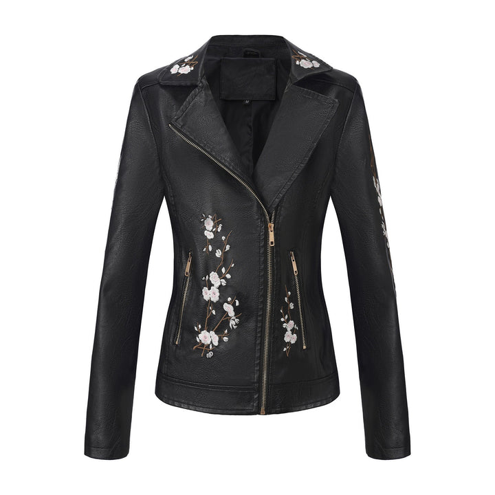 Dam embroidered figursydd konstläder bikerjacka med asymmetrisk dragkedja