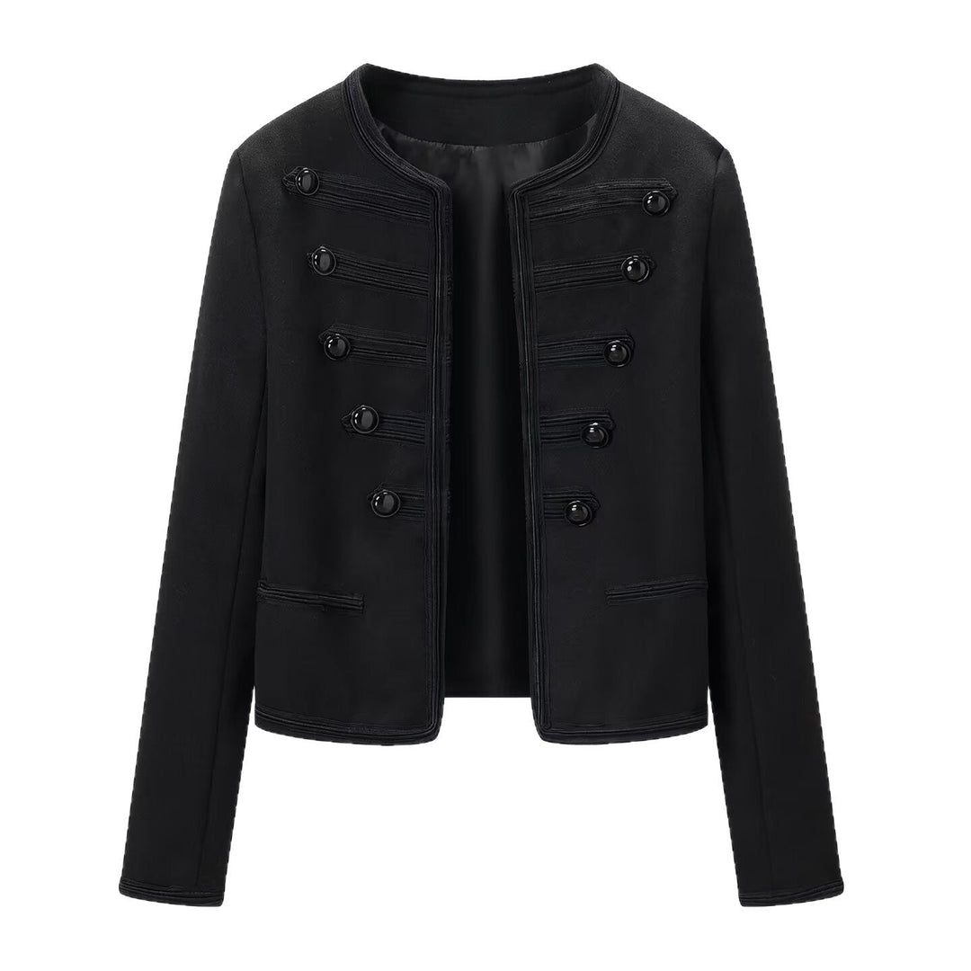 Dam Box Jacka i Marshall Stil med A Collarless Design, Dekorativ Cords, och Dekorativ Knappar
