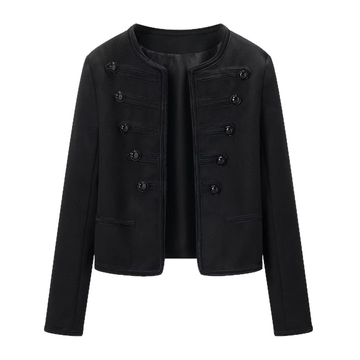 Dam Box Jacka i Marshall Stil med A Collarless Design, Dekorativ Cords, och Dekorativ Knappar