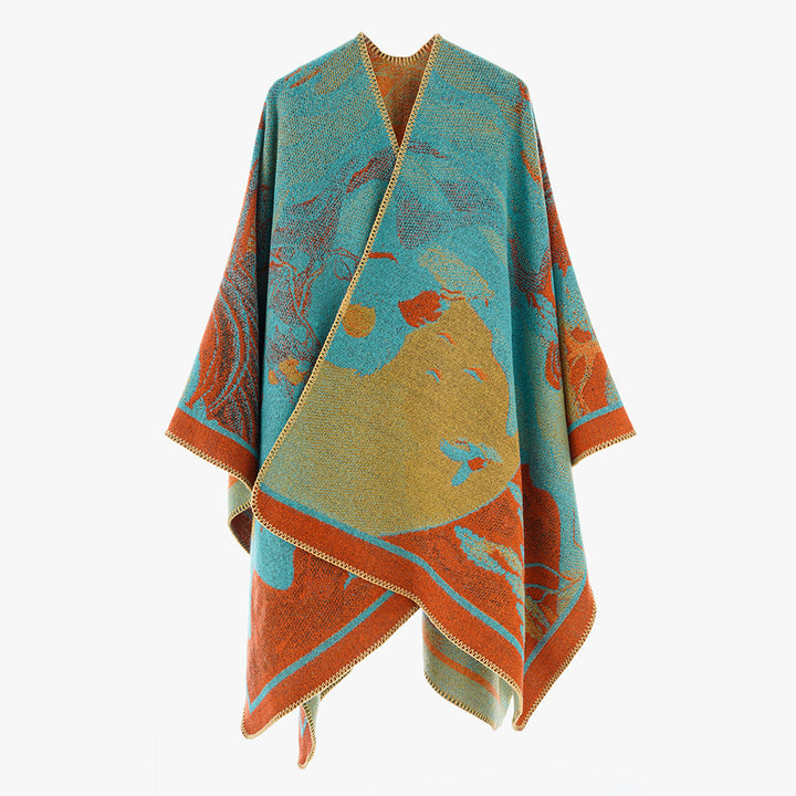 Dam jacquard stickad cape med floral graphic och asymmetrical fåll