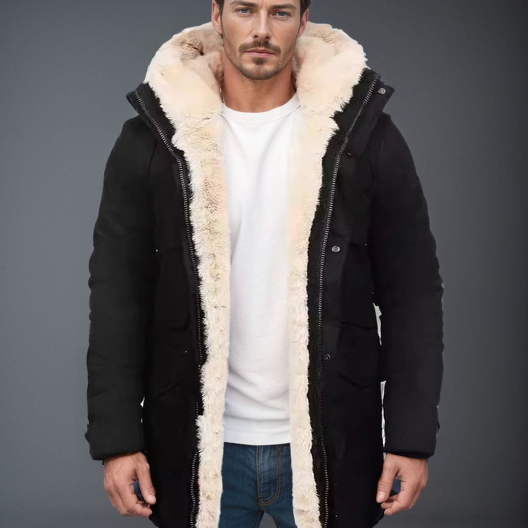 Herr Parka i Fält Stil med Teddyfoder i Huva, Utanpåfickor och Snap Fastening