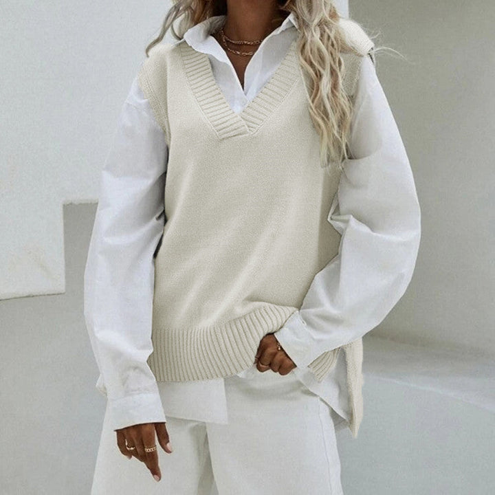 Dam Sleeveless stickad väst med V-Neck och Side Slits
