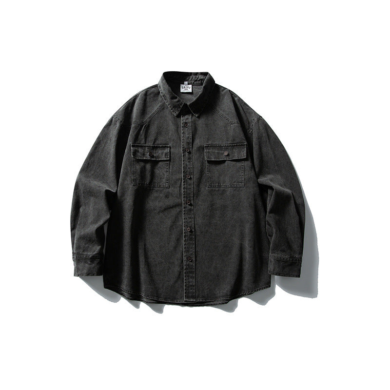 Unisex Oversized Bomull Denim Skjorta Jacka med Lapp Bröst Fickor och Curved Fåll