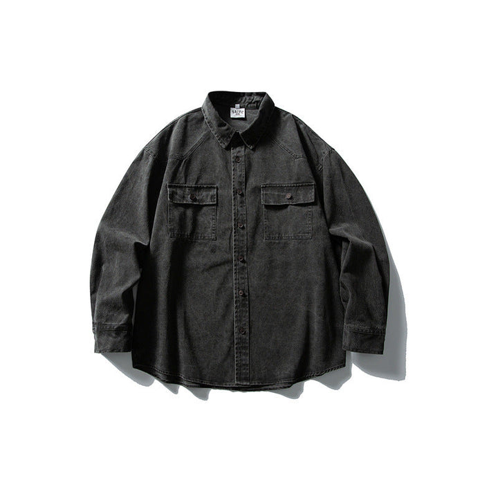 Unisex Oversized Bomull Denim Skjorta Jacka med Lapp Bröst Fickor och Curved Fåll
