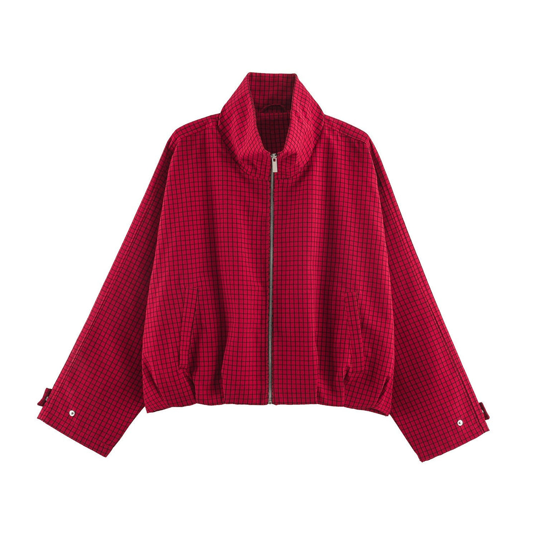 Dam Kort Blouson Jacka med Hög Stå Krage, Rutig Vävd Structure och Elastic Finish