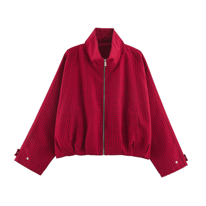 Dam Kort Blouson Jacka med Hög Stå Krage, Rutig Vävd Structure och Elastic Finish