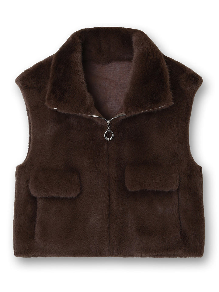 Dam ärmlös Faux Fur väst med ståkrage, dragkedja och Flap fickor