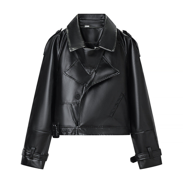 Dam kort skärning bikerjacka in läderlook med asymmetrical lapel och midjebälte