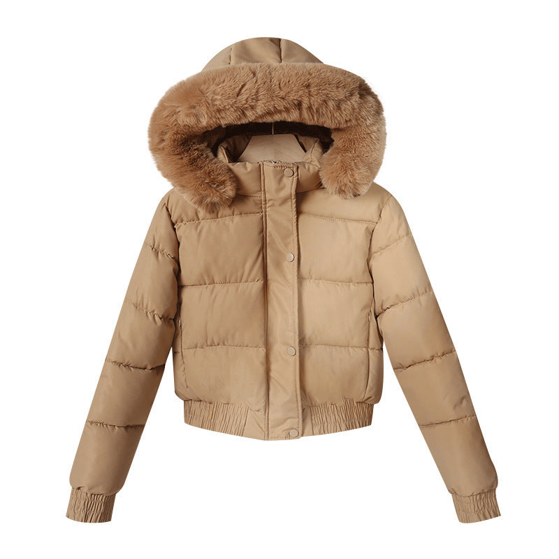 Dam nan kort skärning thermal kviltad jacka med removable faux fur huva och ribbed muddar