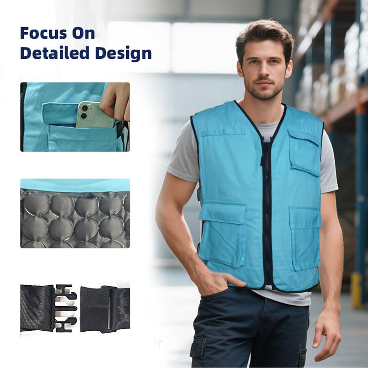 Unisex kylväst med reusable gel cooling inserts, adjustable side buckles, och multiple fickor