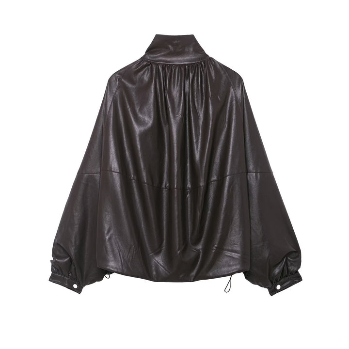 Dam Voluminous konstläder Cape jacka med hög ståkrage och dragsko